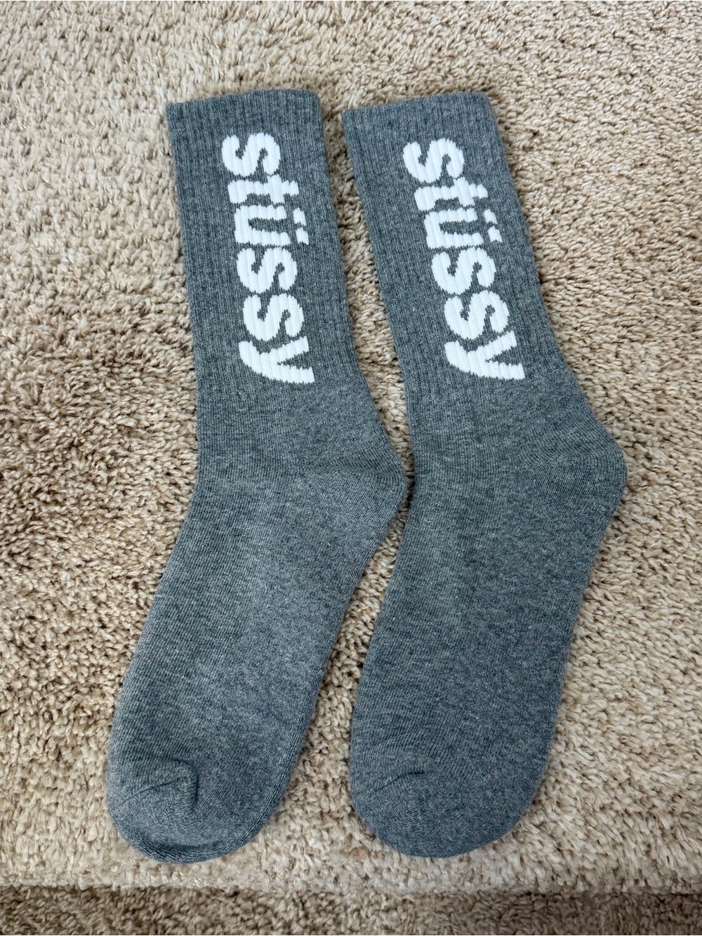 Stussy Gray Crew Socks with White Logo